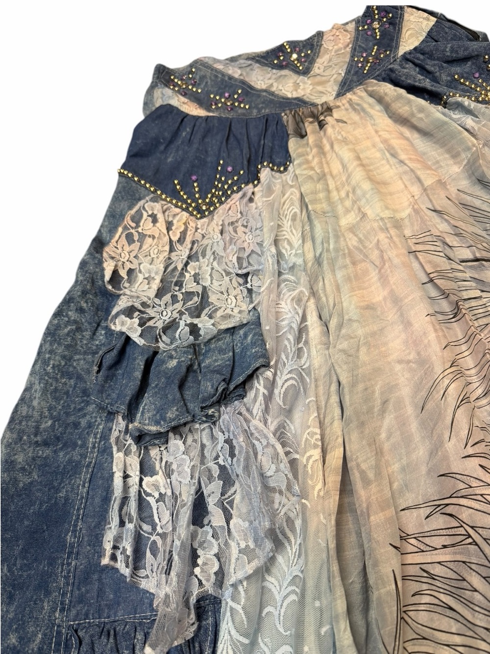Handmade Wearable Art Zebra Woman Denim Lace Patchwork Maxi Skirt Boho M Gypsy - Picture 7 of 14